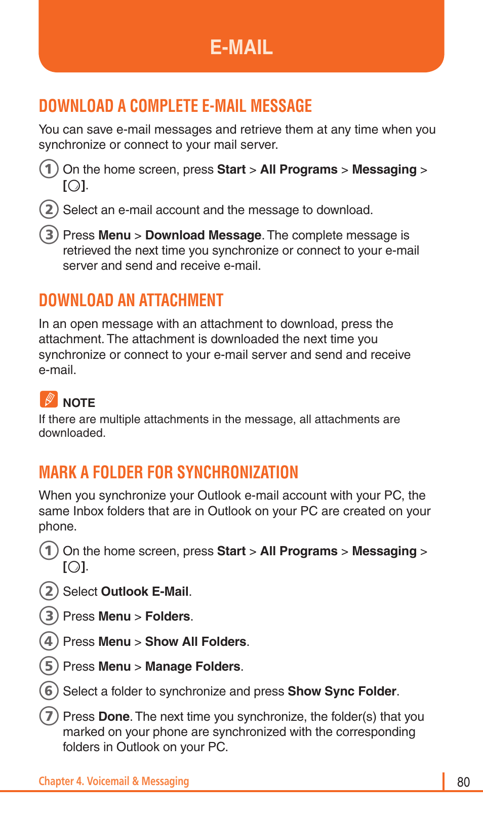 E-mail, Download a complete e-mail message, Download an attachment | Mark a folder for synchronization | Pantech Matrix Pro User Manual | Page 82 / 261