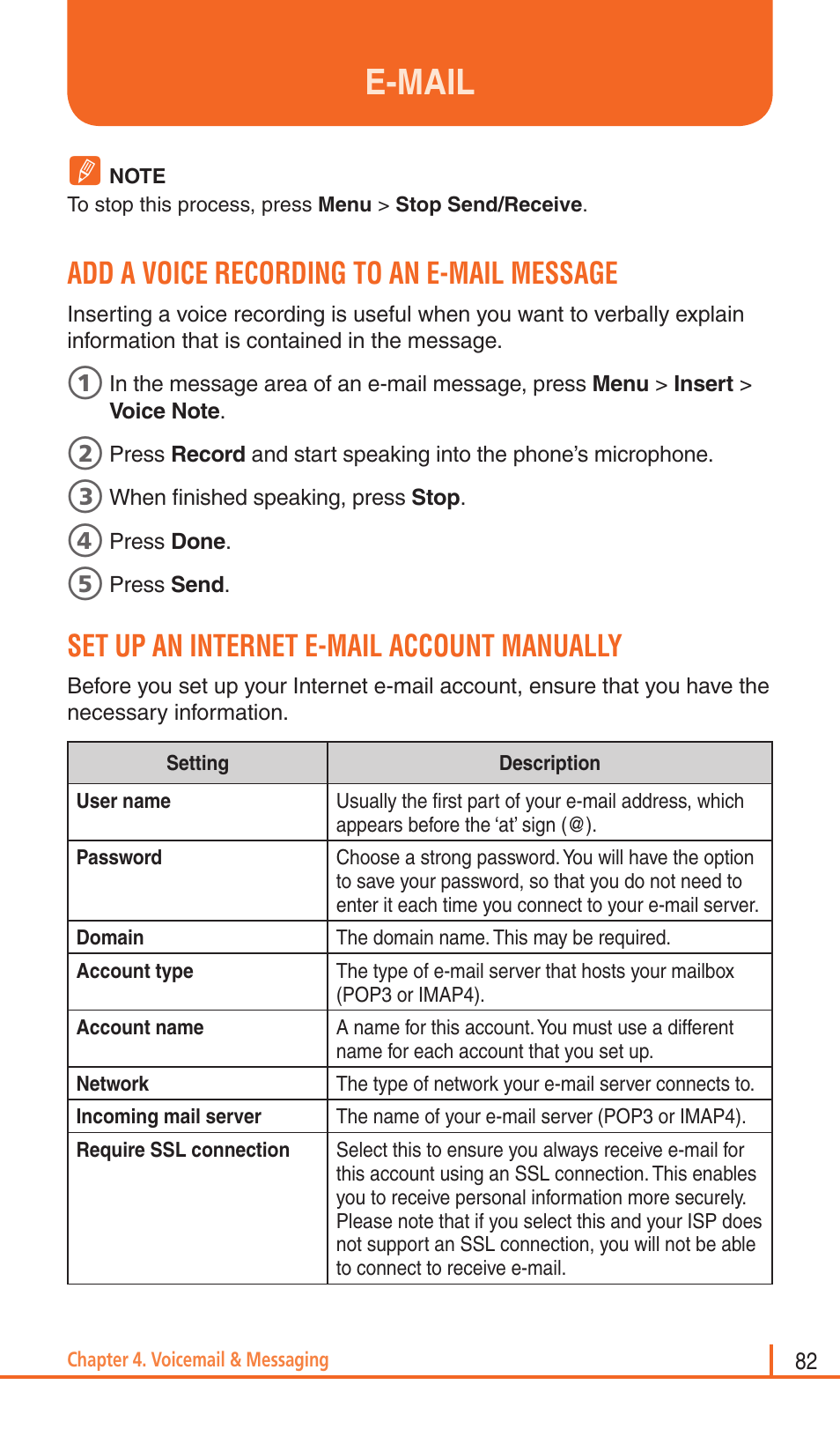 E-mail, Add a voice recording to an e-mail message, Set up an internet e-mail account manually | Pantech Matrix Pro User Manual | Page 84 / 261