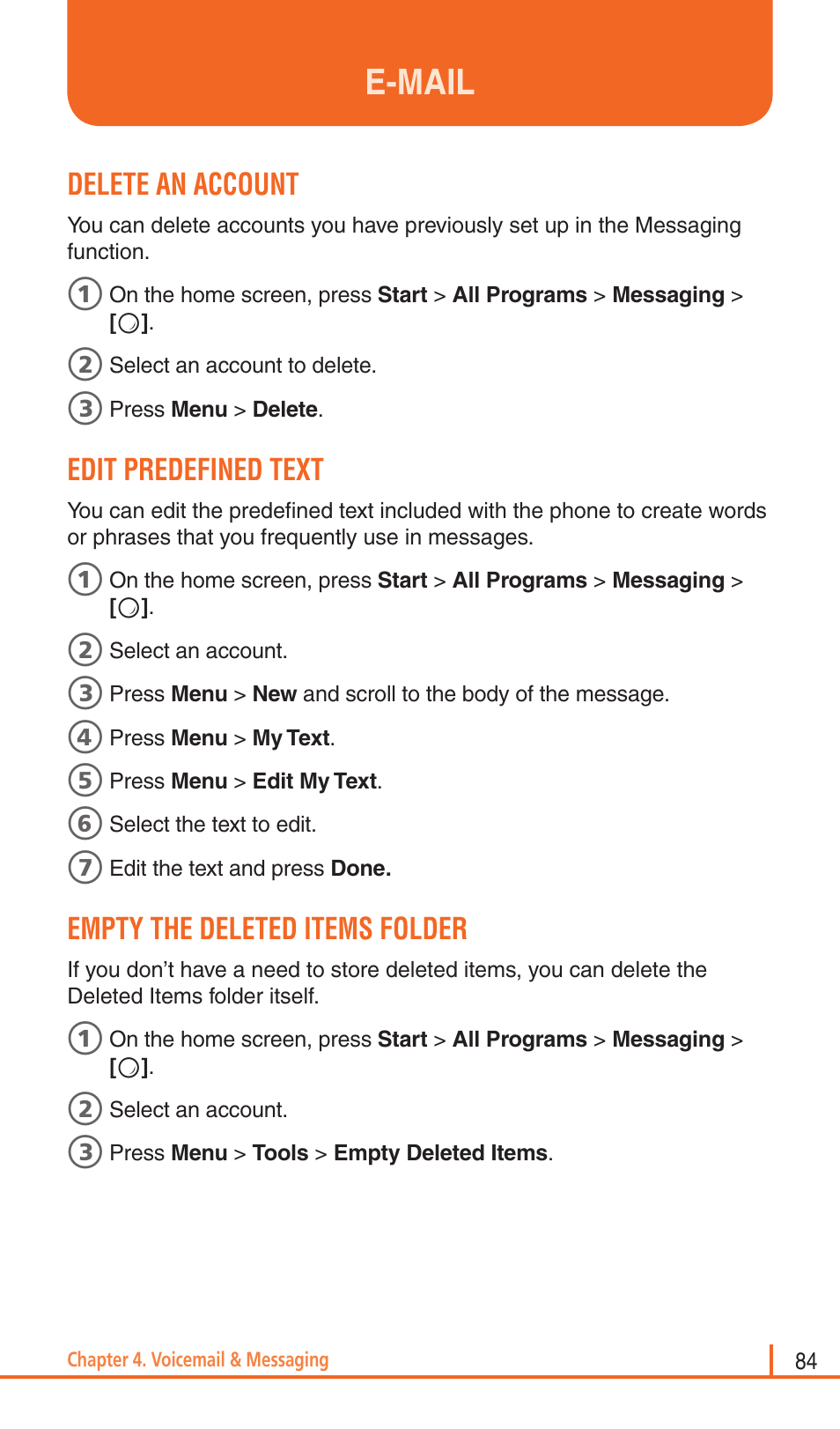 E-mail, Delete an account, Edit predefined text | Empty the deleted items folder | Pantech Matrix Pro User Manual | Page 86 / 261