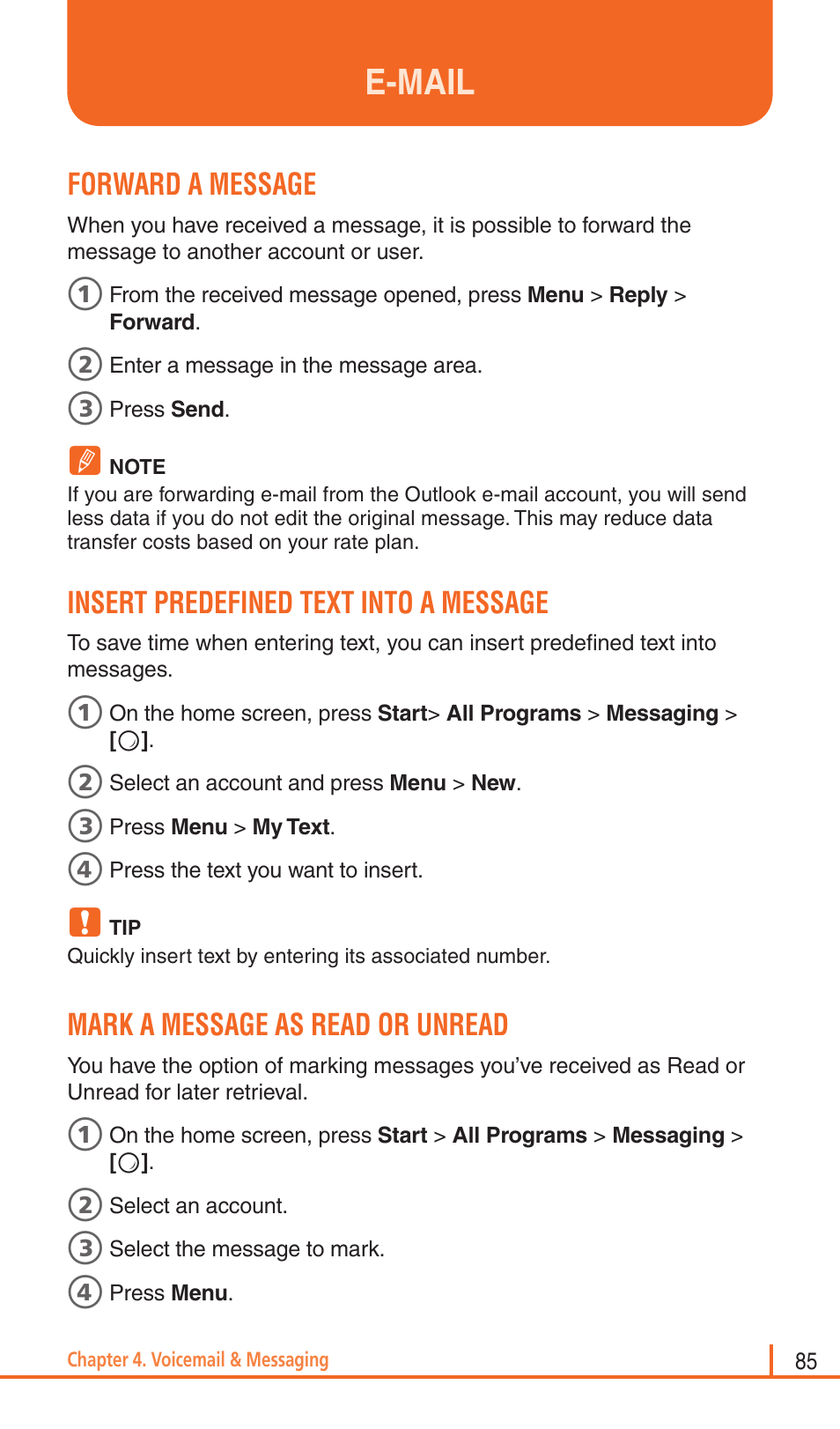 E-mail, Forward a message, Insert predefined text into a message | Mark a message as read or unread | Pantech Matrix Pro User Manual | Page 87 / 261