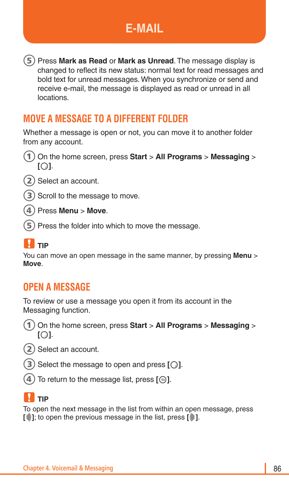 E-mail, Move a message to a different folder, Open a message | Pantech Matrix Pro User Manual | Page 88 / 261