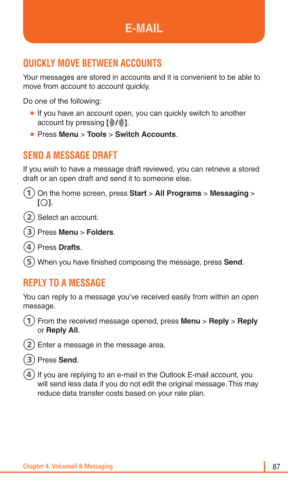 E-mail, Quickly move between accounts, Send a message draft | Reply to a message | Pantech Matrix Pro User Manual | Page 89 / 261