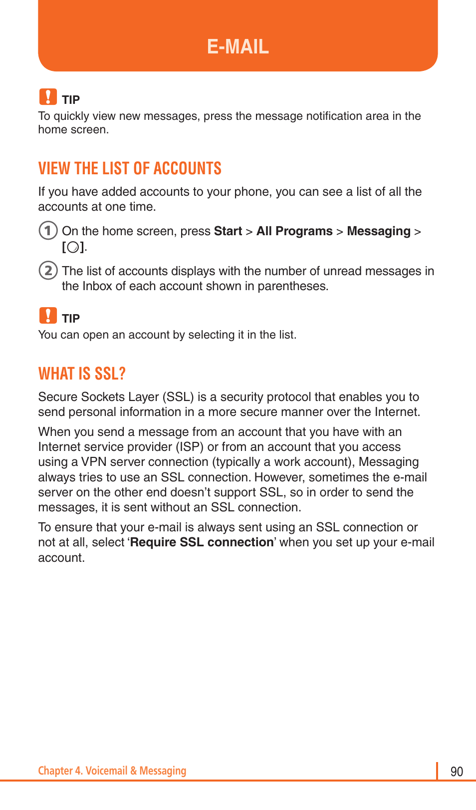 E-mail, View the list of accounts, What is ssl | Pantech Matrix Pro User Manual | Page 92 / 261