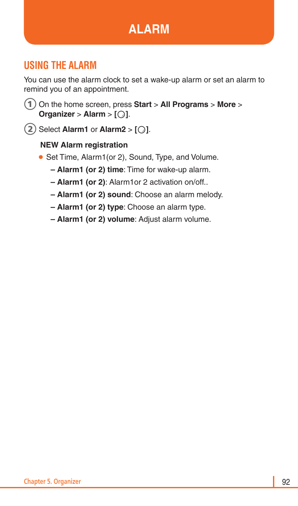 Alarm, Using the alarm | Pantech Matrix Pro User Manual | Page 94 / 261