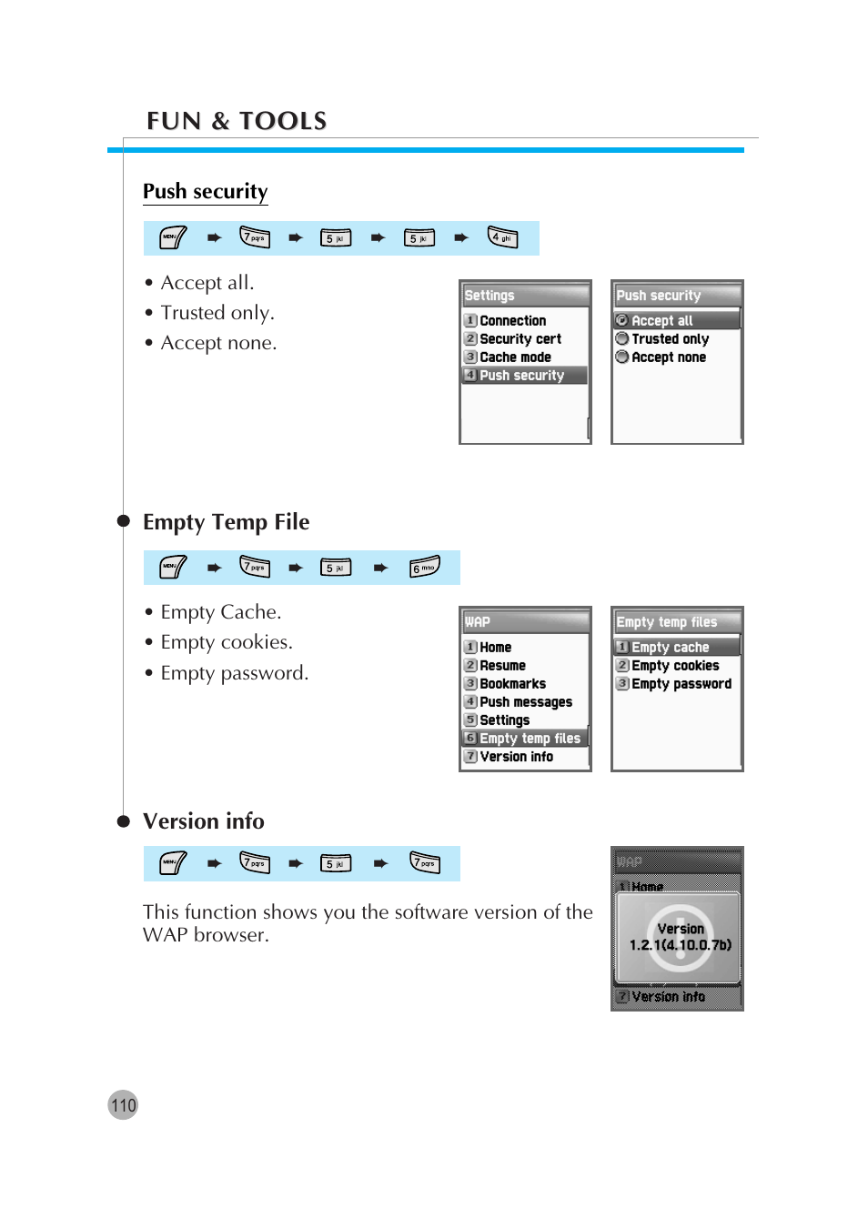 Fun & tools, Empty temp file, Version info | Pantech G670 User Manual | Page 111 / 137