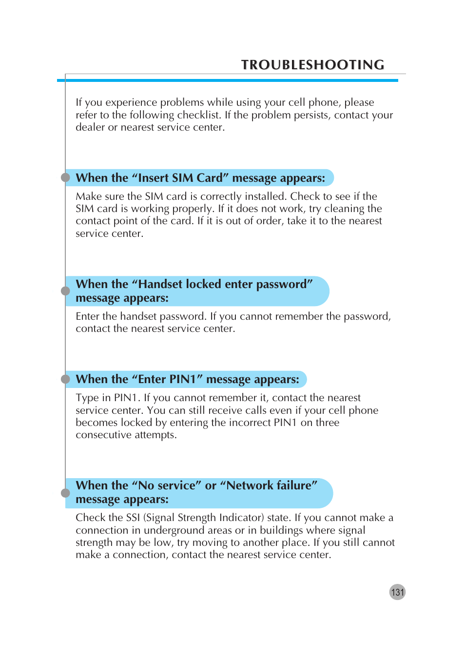 Troubleshooting | Pantech G670 User Manual | Page 132 / 137