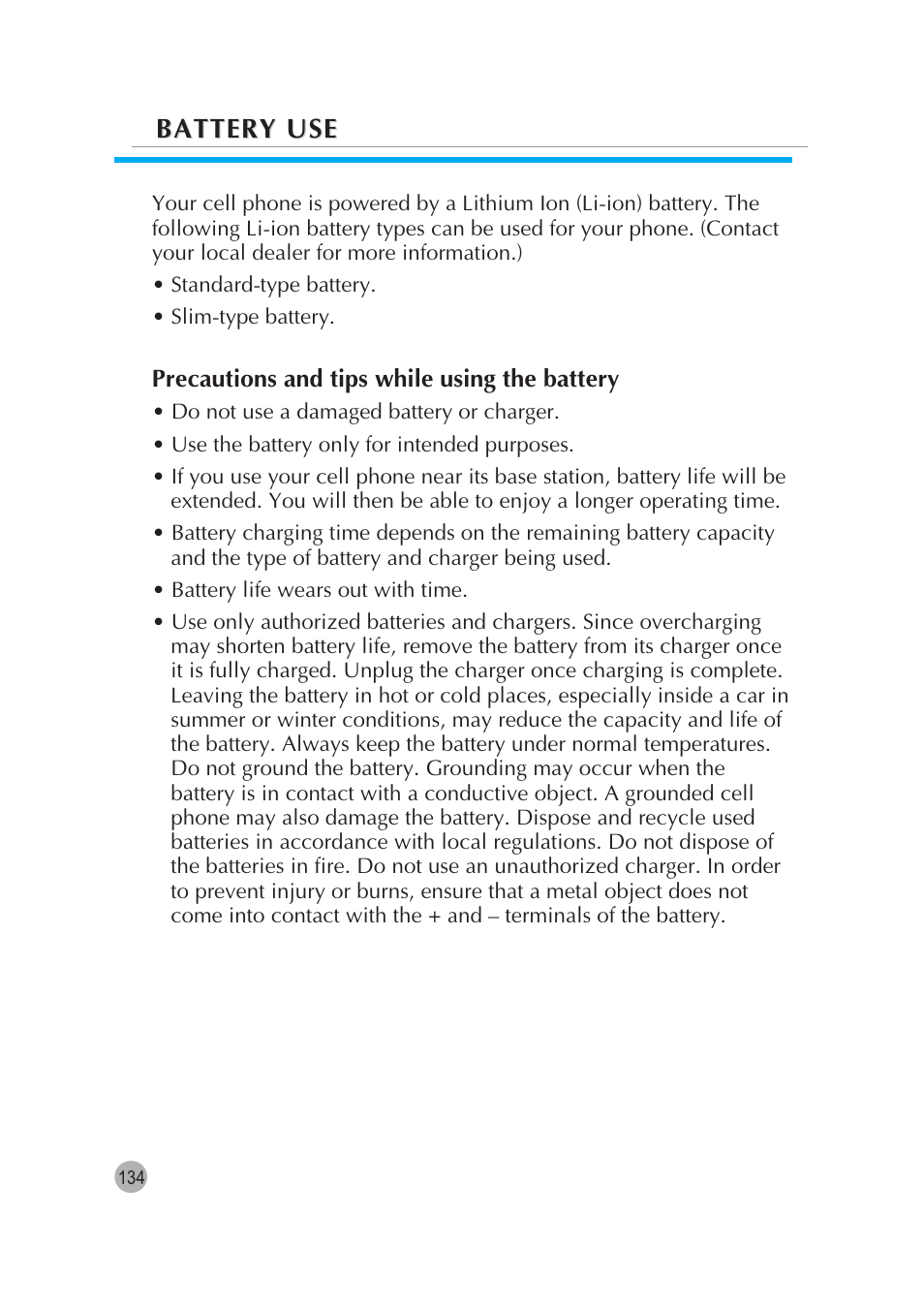 Battery use | Pantech G670 User Manual | Page 135 / 137
