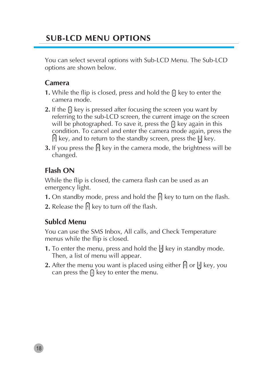 Sub-lcd menu options | Pantech G670 User Manual | Page 19 / 137