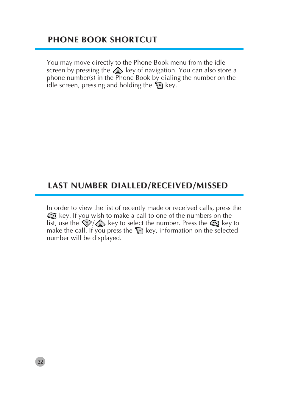 Phone book shortcut, Last number dialled/received/missed | Pantech G670 User Manual | Page 33 / 137