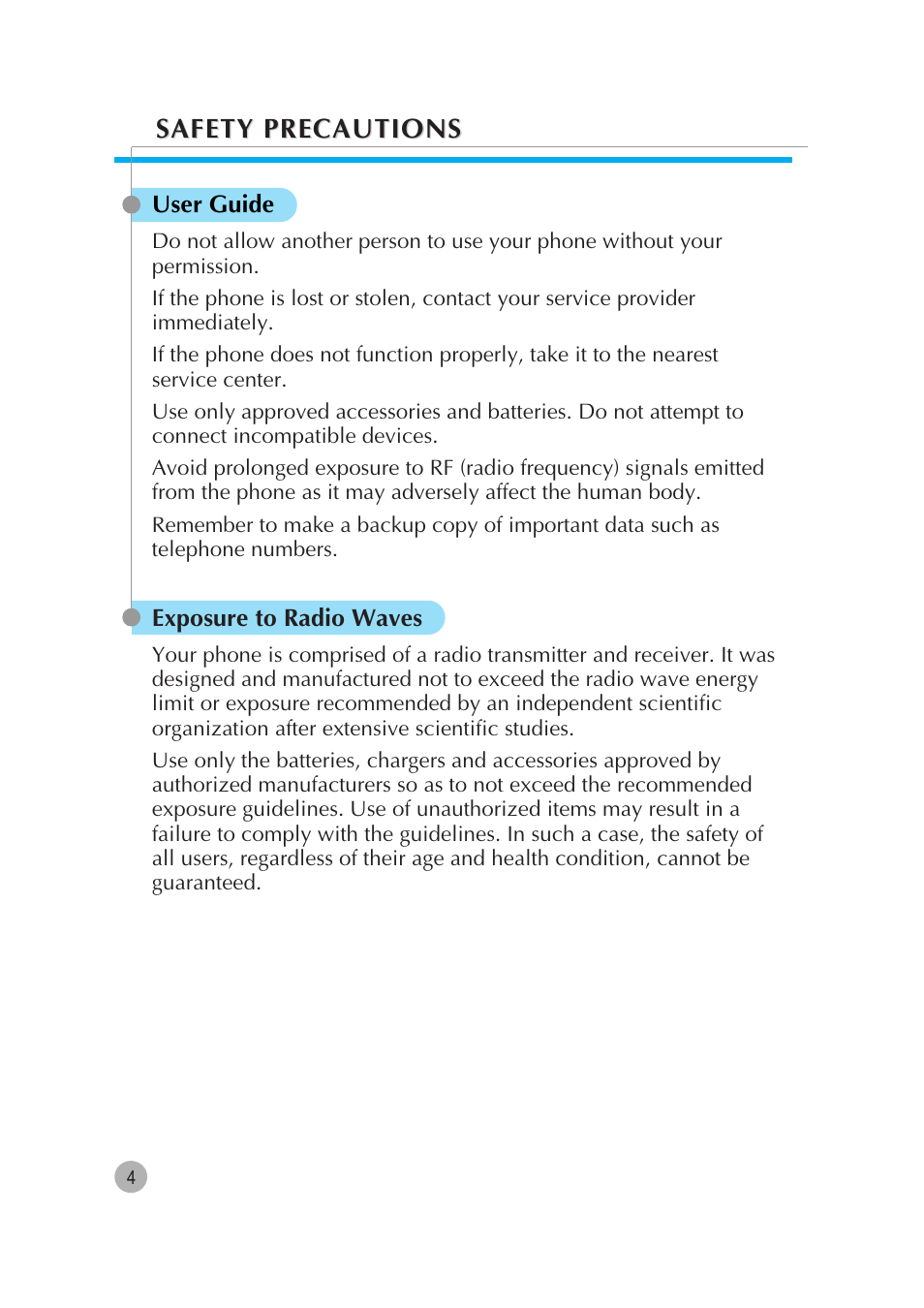 Safety precautions | Pantech G670 User Manual | Page 5 / 137