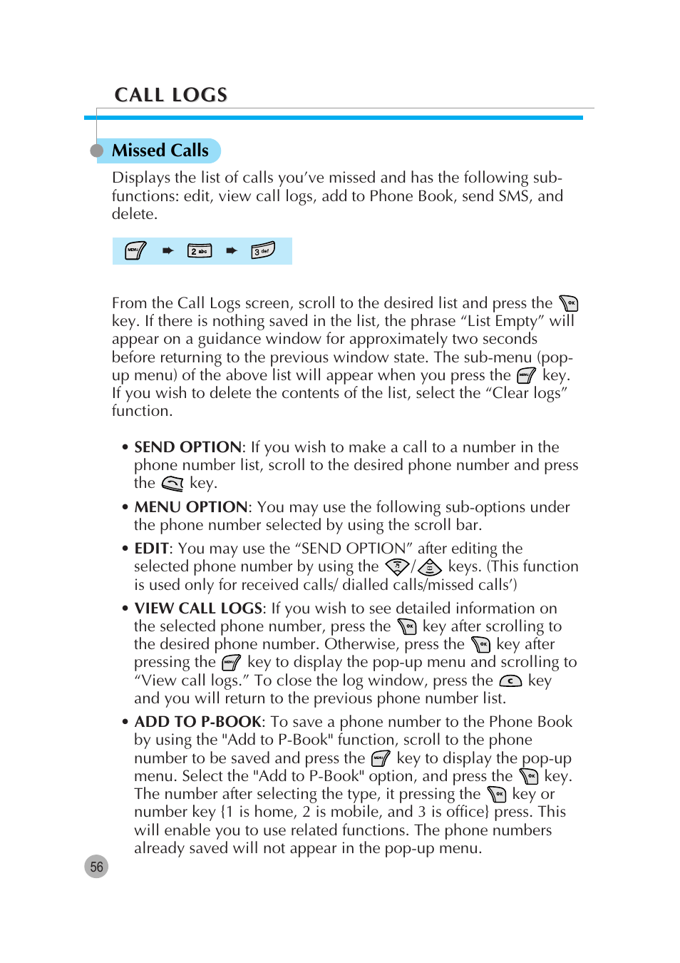 Call logs | Pantech G670 User Manual | Page 57 / 137