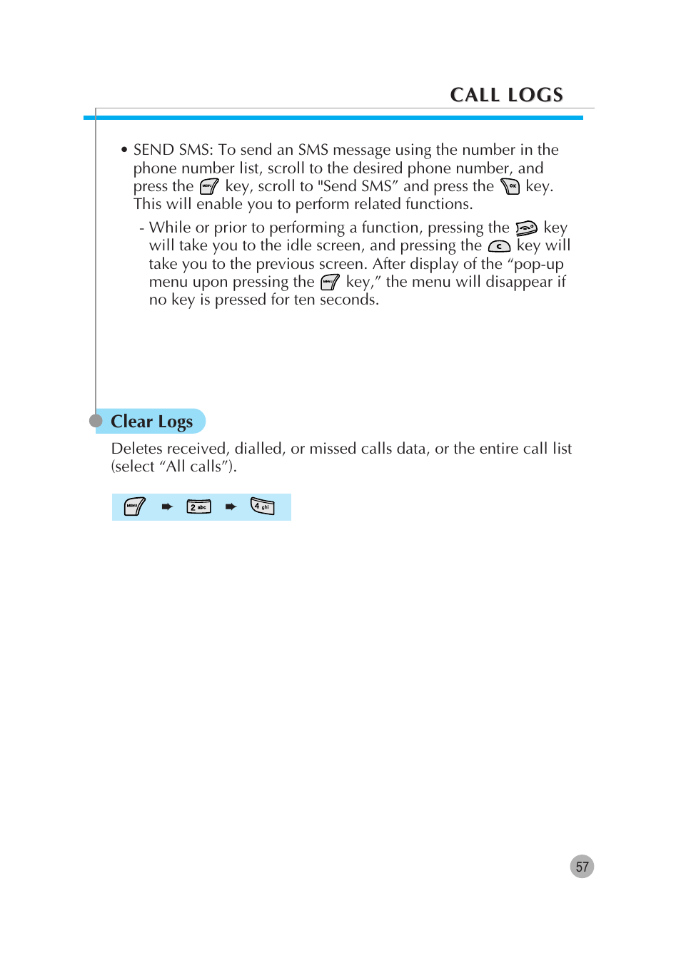 Call logs | Pantech G670 User Manual | Page 58 / 137