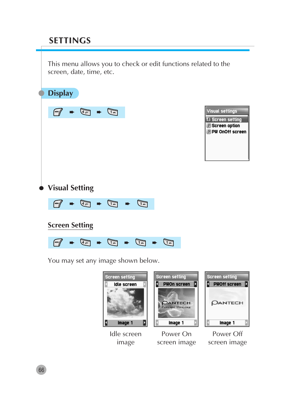 Settings, Display visual setting | Pantech G670 User Manual | Page 67 / 137