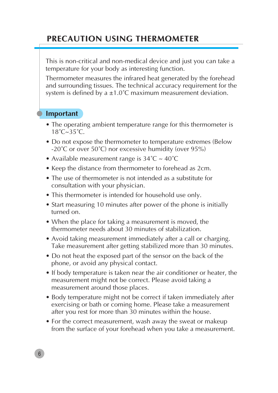 Precaution using thermometer | Pantech G670 User Manual | Page 7 / 137