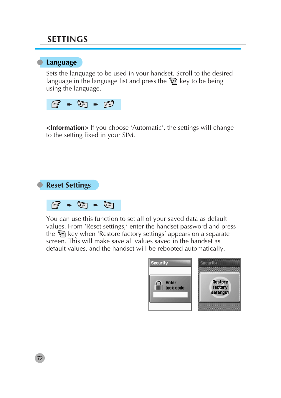 Settings | Pantech G670 User Manual | Page 73 / 137