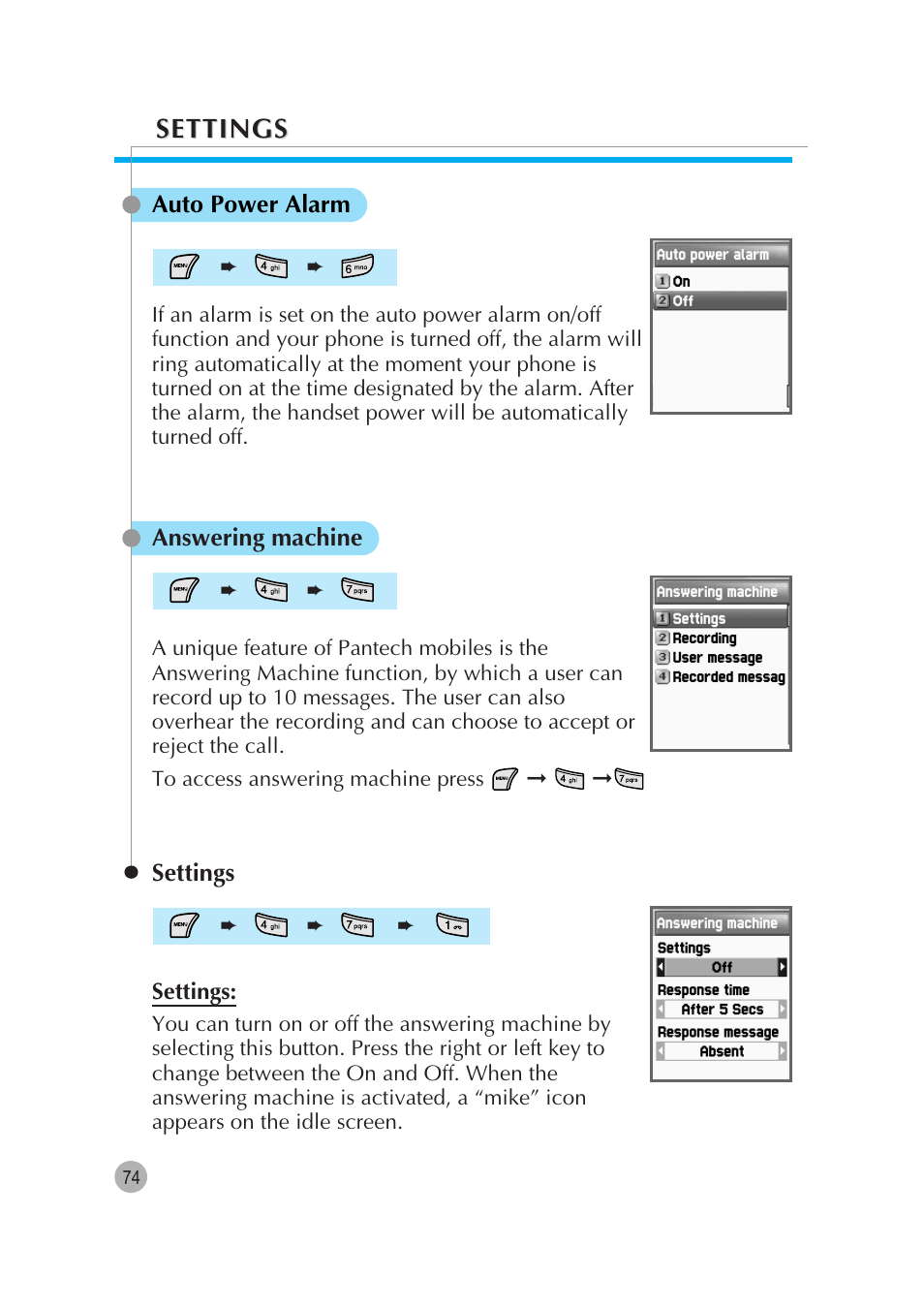 Settings | Pantech G670 User Manual | Page 75 / 137