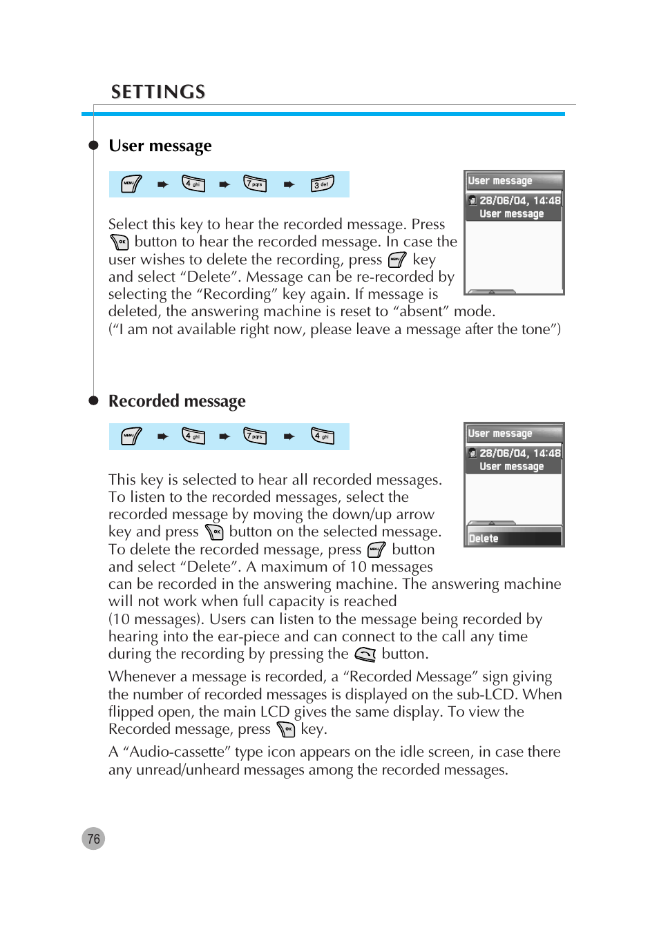 Settings | Pantech G670 User Manual | Page 77 / 137