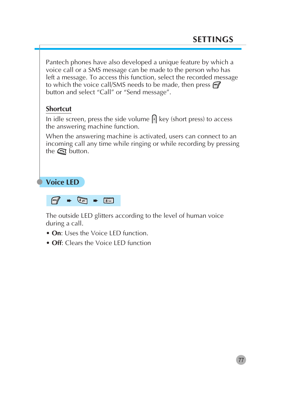 Settings | Pantech G670 User Manual | Page 78 / 137