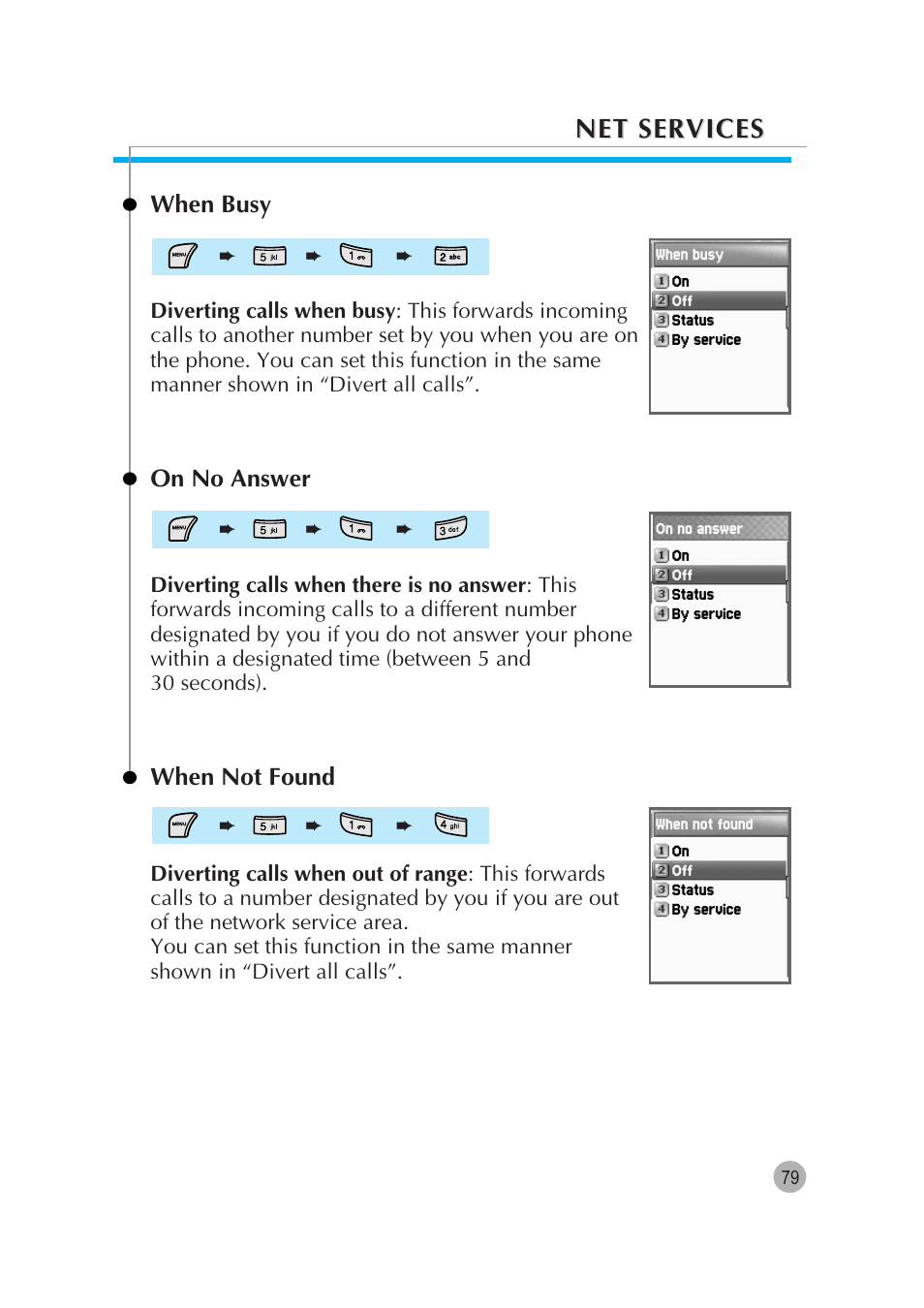 Net services, When busy, On no answer | When not found | Pantech G670 User Manual | Page 80 / 137