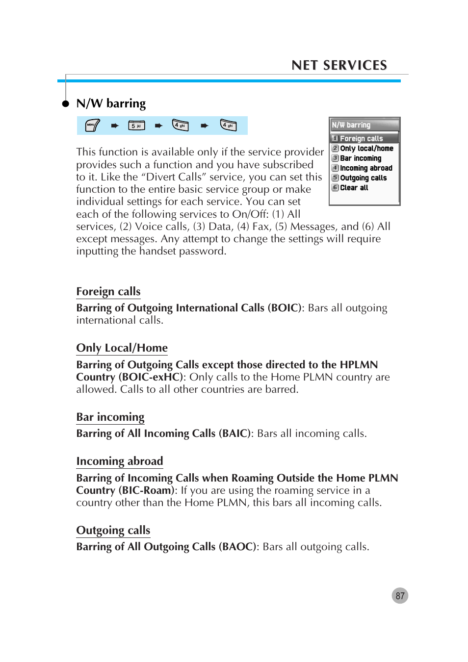 Net services | Pantech G670 User Manual | Page 88 / 137