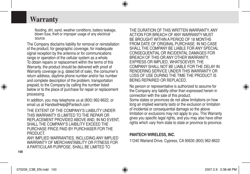 Warranty | Pantech C3b User Manual | Page 101 / 101