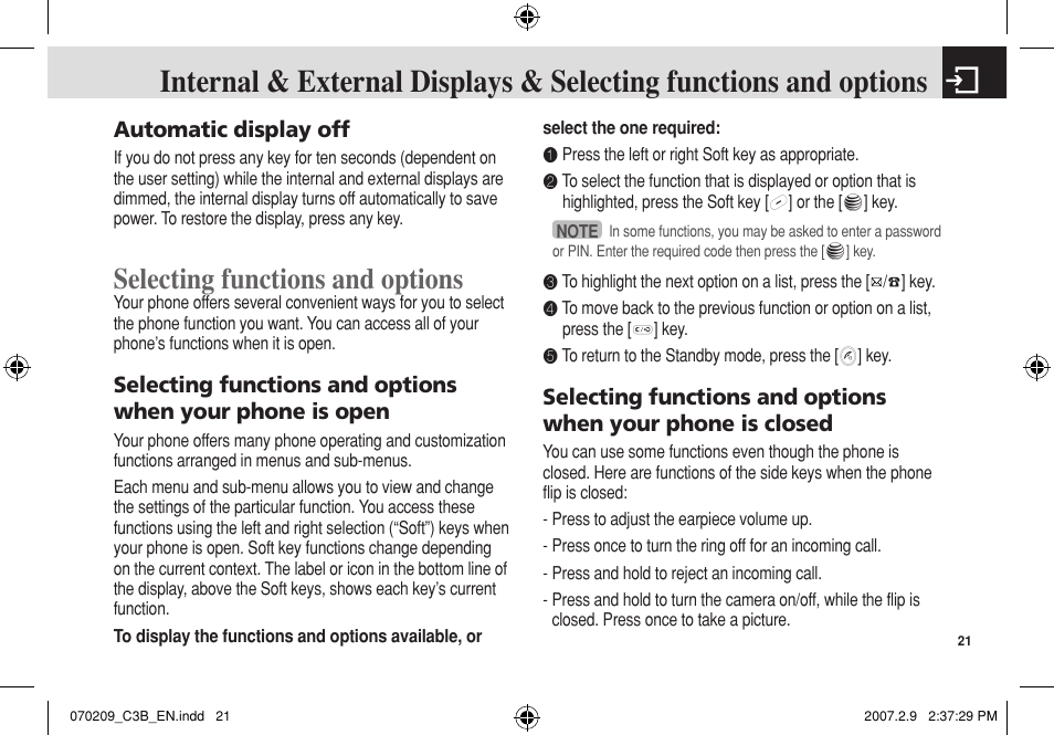 Selecting functions and options, Automatic display off | Pantech C3b User Manual | Page 22 / 101