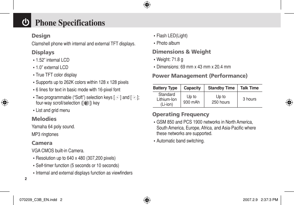 Phone specifications | Pantech C3b User Manual | Page 3 / 101