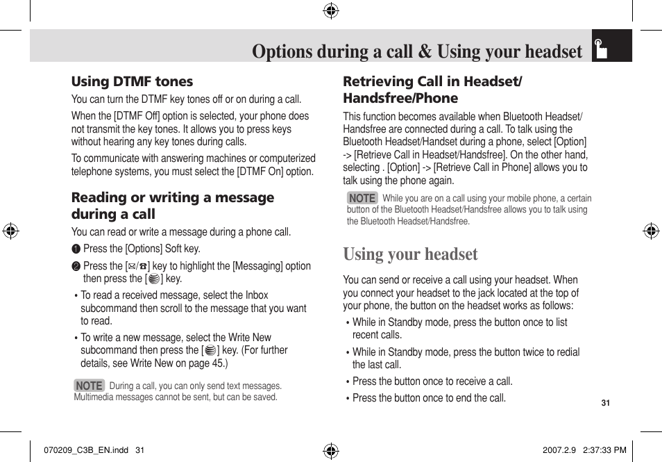 Options during a call & using your headset, Using your headset, Using dtmf tones | Reading or writing a message during a call, Retrieving call in headset/ handsfree/phone | Pantech C3b User Manual | Page 32 / 101