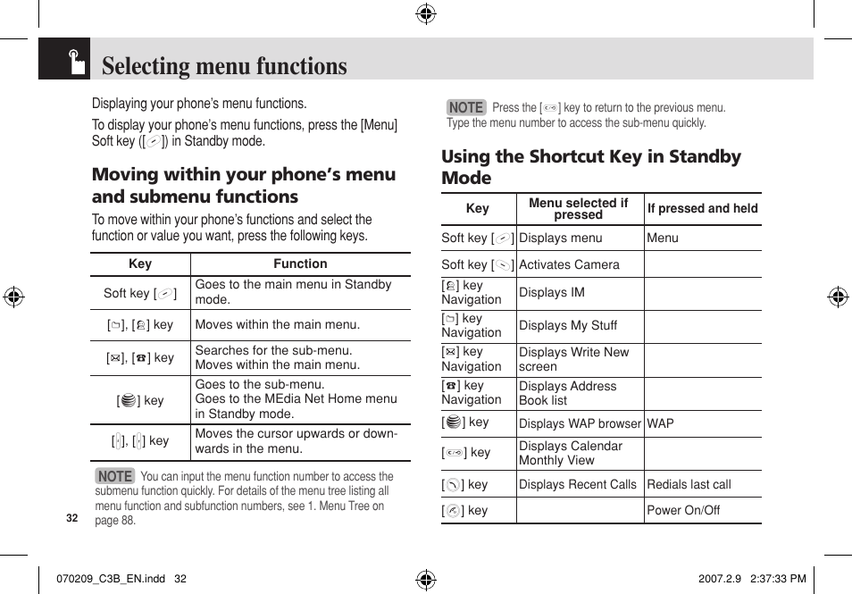 Selecting menu functions, Using the shortcut key in standby mode | Pantech C3b User Manual | Page 33 / 101