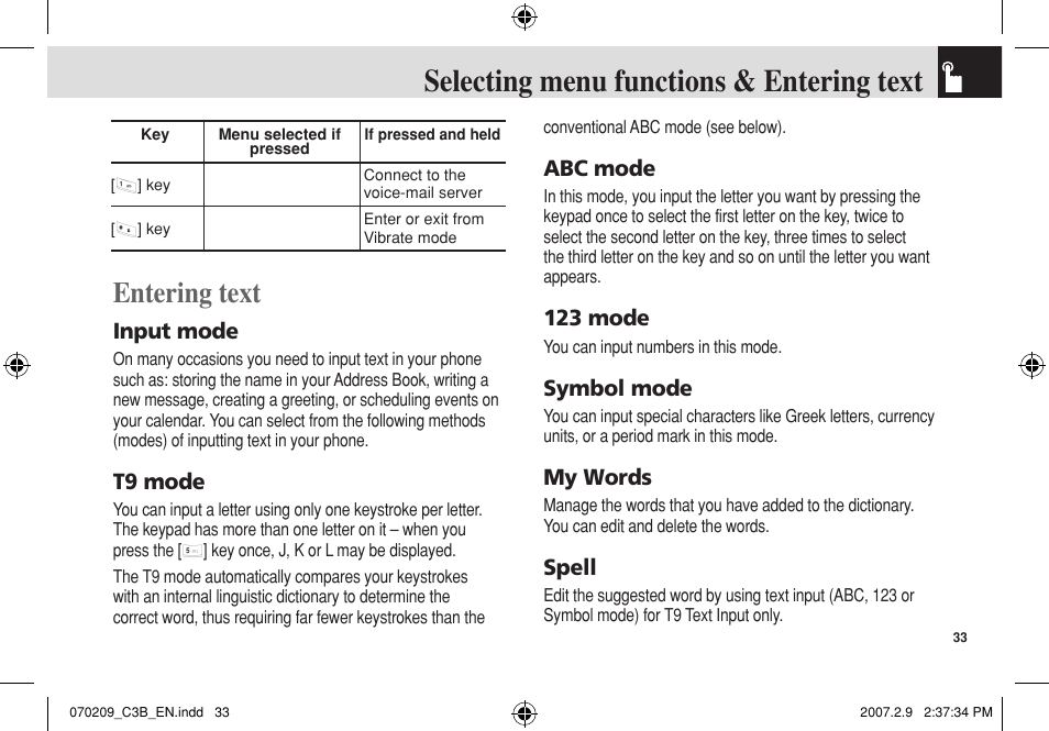 Selecting menu functions & entering text, Entering text, Input mode | T9 mode, Abc mode, 123 mode, Symbol mode, My words, Spell | Pantech C3b User Manual | Page 34 / 101