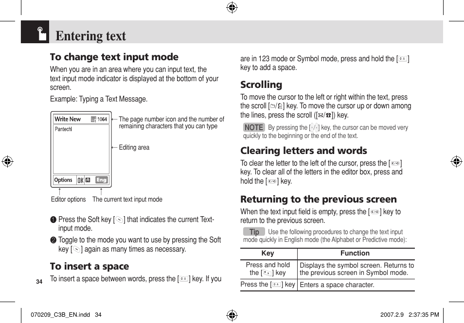 Entering text, Scrolling, Clearing letters and words | Returning to the previous screen | Pantech C3b User Manual | Page 35 / 101