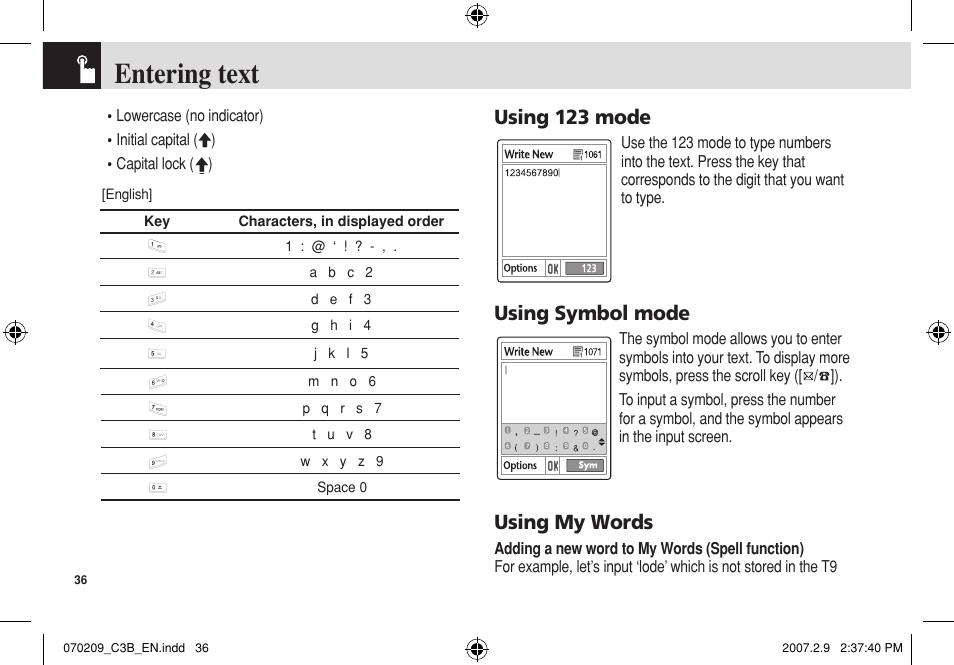 Entering text, Using 123 mode, Using symbol mode | Using my words | Pantech C3b User Manual | Page 37 / 101