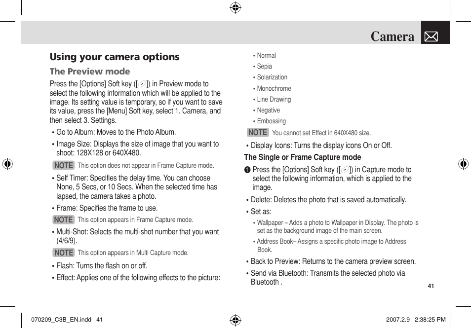 Camera, Using your camera options | Pantech C3b User Manual | Page 42 / 101