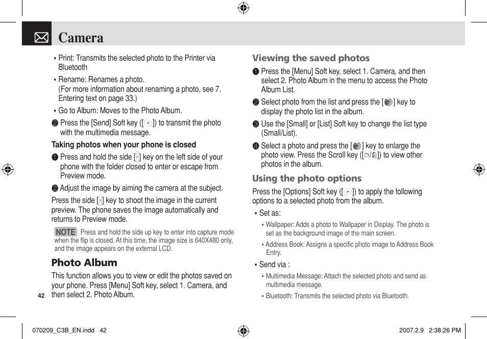 Camera, Photo album | Pantech C3b User Manual | Page 43 / 101