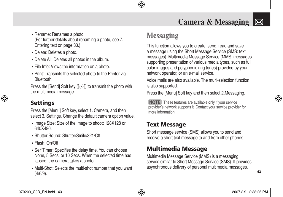 Camera & messaging, Messaging, Settings | Text message, Multimedia message | Pantech C3b User Manual | Page 44 / 101