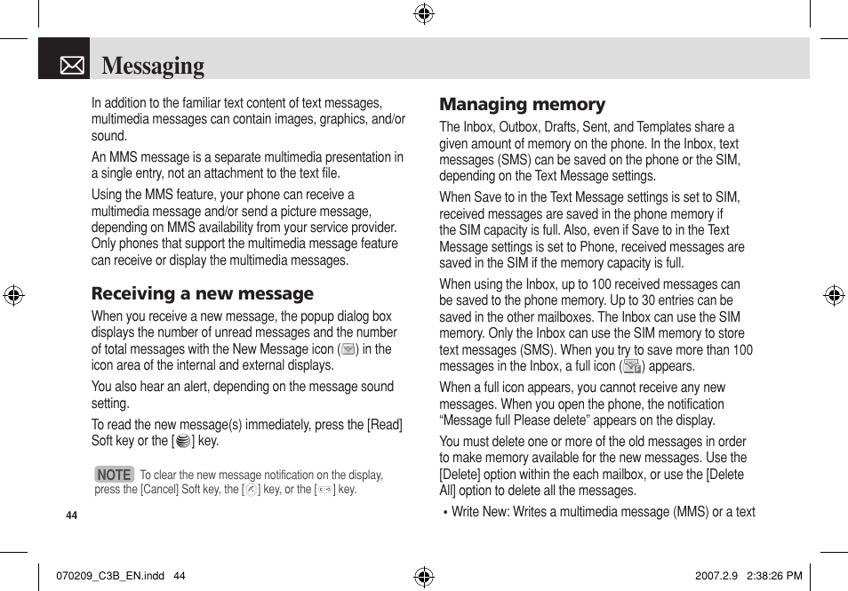 Messaging, Receiving a new message | Pantech C3b User Manual | Page 45 / 101
