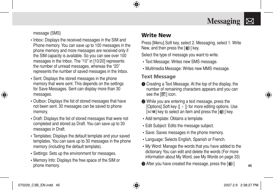 Messaging, Write new | Pantech C3b User Manual | Page 46 / 101