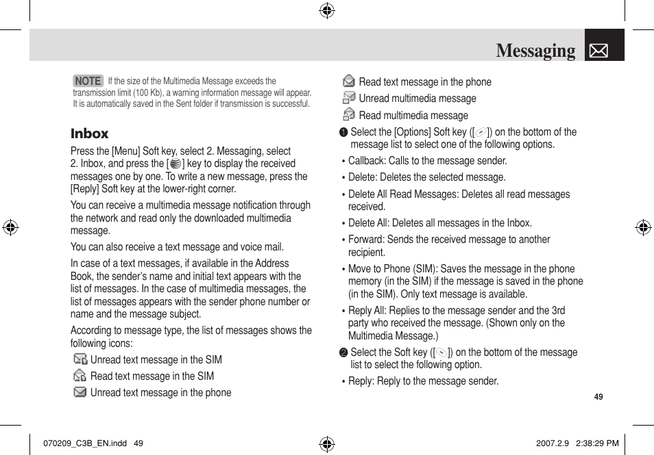 Messaging, Inbox | Pantech C3b User Manual | Page 50 / 101