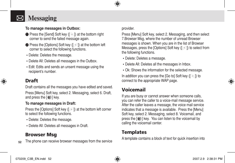 Messaging, Draft, Browser msg | Voicemail, Templates | Pantech C3b User Manual | Page 53 / 101