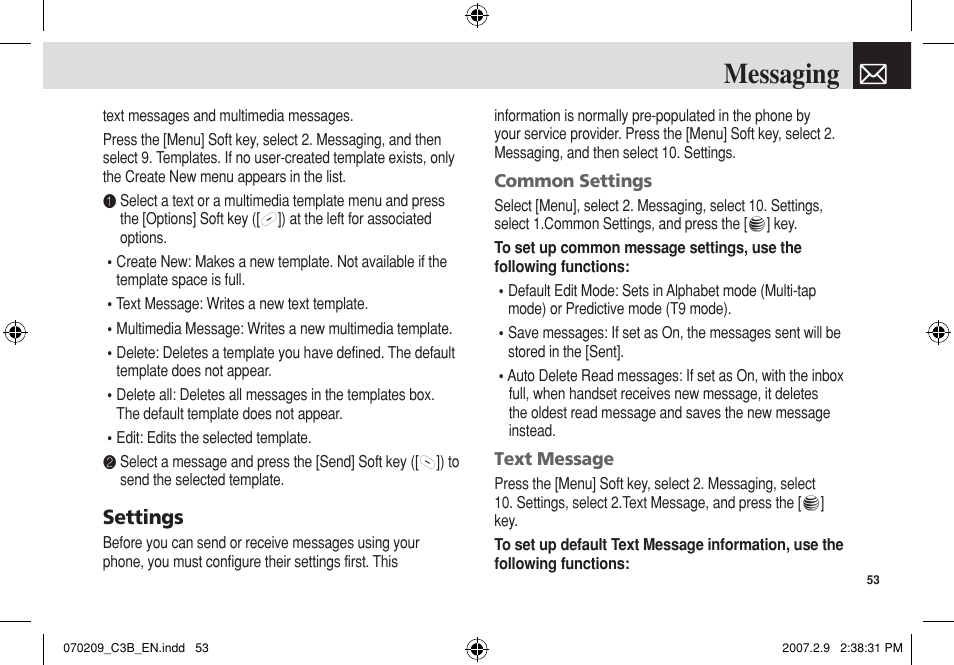 Messaging, Settings | Pantech C3b User Manual | Page 54 / 101