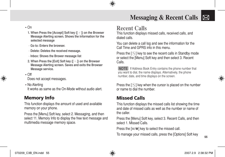 Messaging & recent calls, Recent calls, Missed calls | Pantech C3b User Manual | Page 56 / 101
