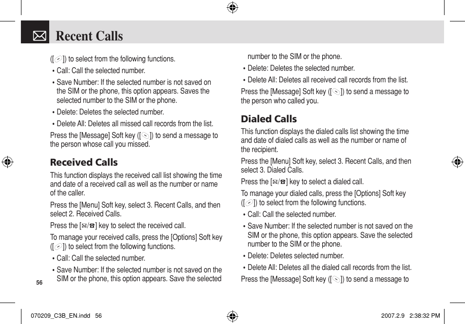 Recent calls, Received calls, Dialed calls | Pantech C3b User Manual | Page 57 / 101