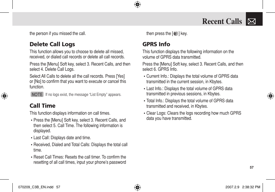 Recent calls, Delete call logs, Call time | Gprs info | Pantech C3b User Manual | Page 58 / 101