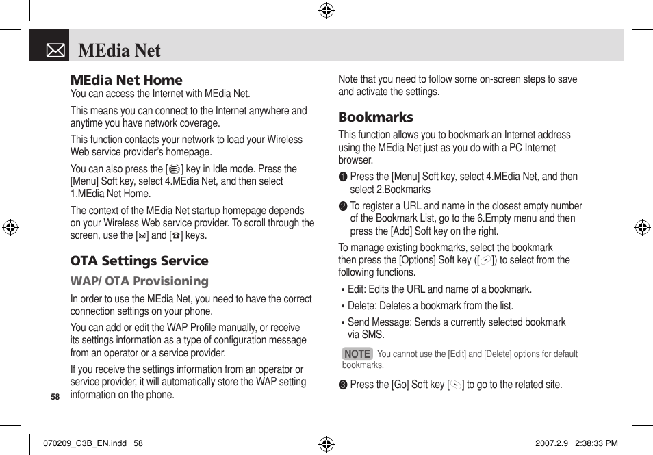 Media net, Media net home, Ota settings service | Bookmarks | Pantech C3b User Manual | Page 59 / 101