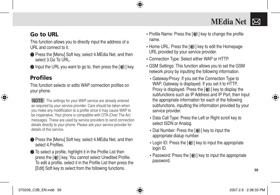 Media net, Go to url, Profiles | Pantech C3b User Manual | Page 60 / 101