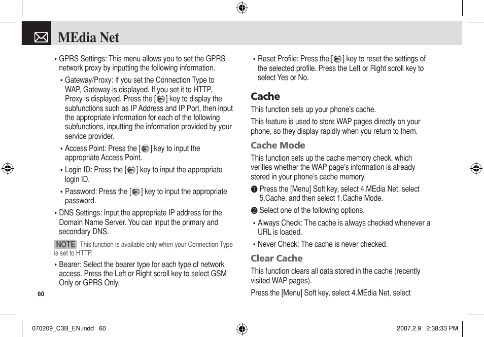 Media net, Cache | Pantech C3b User Manual | Page 61 / 101