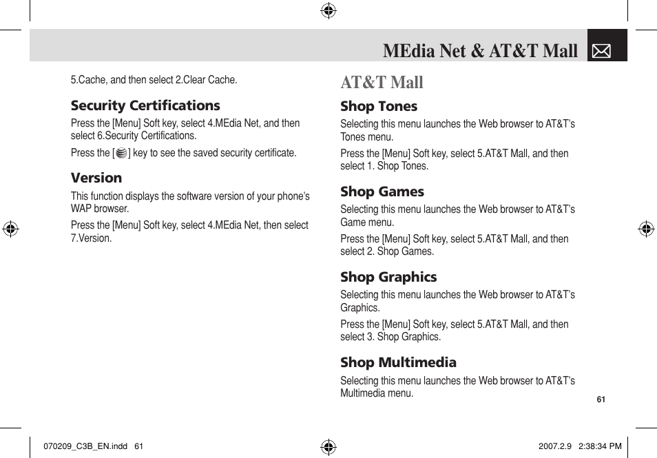 Media net & at&t mall, At&t mall | Pantech C3b User Manual | Page 62 / 101