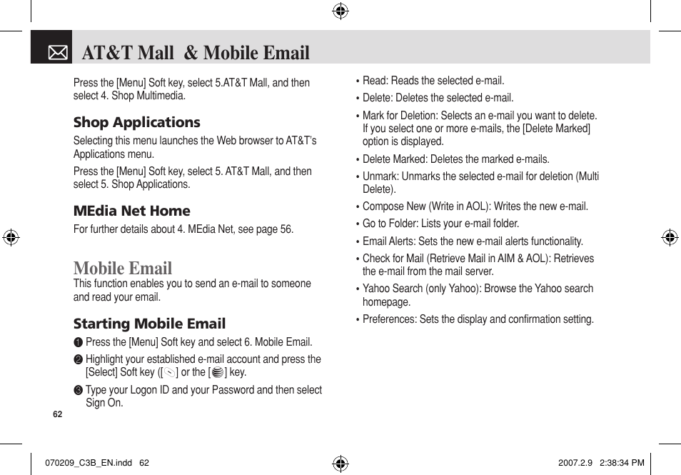 At&t mall & mobile email, Mobile email, Shop applications | Media net home, Starting mobile email | Pantech C3b User Manual | Page 63 / 101
