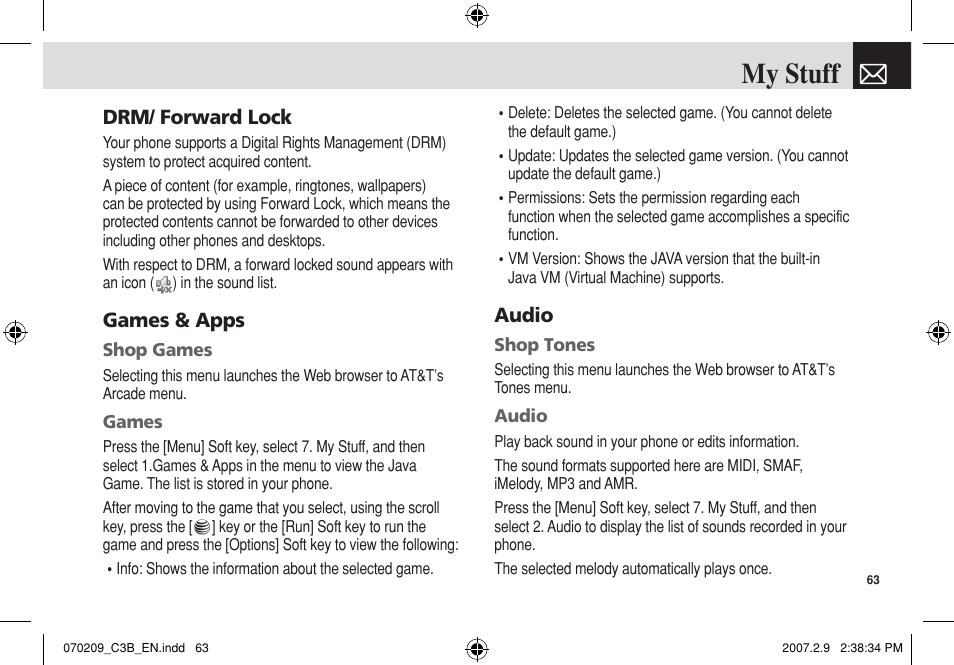 My stuff, Drm/ forward lock, Games & apps | Audio | Pantech C3b User Manual | Page 64 / 101