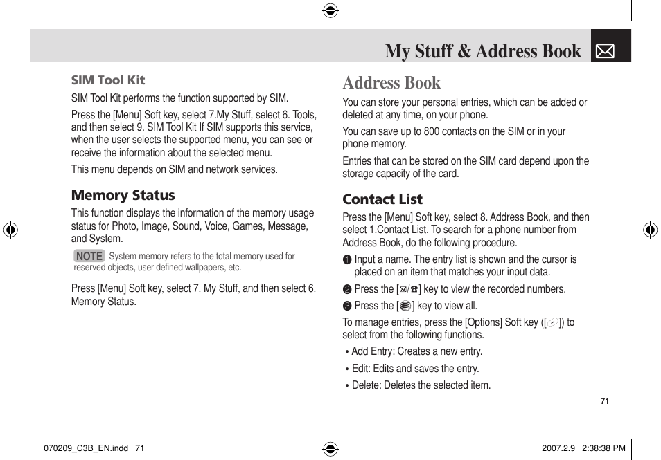 My stuff & address book, Address book, Contact list | Pantech C3b User Manual | Page 72 / 101